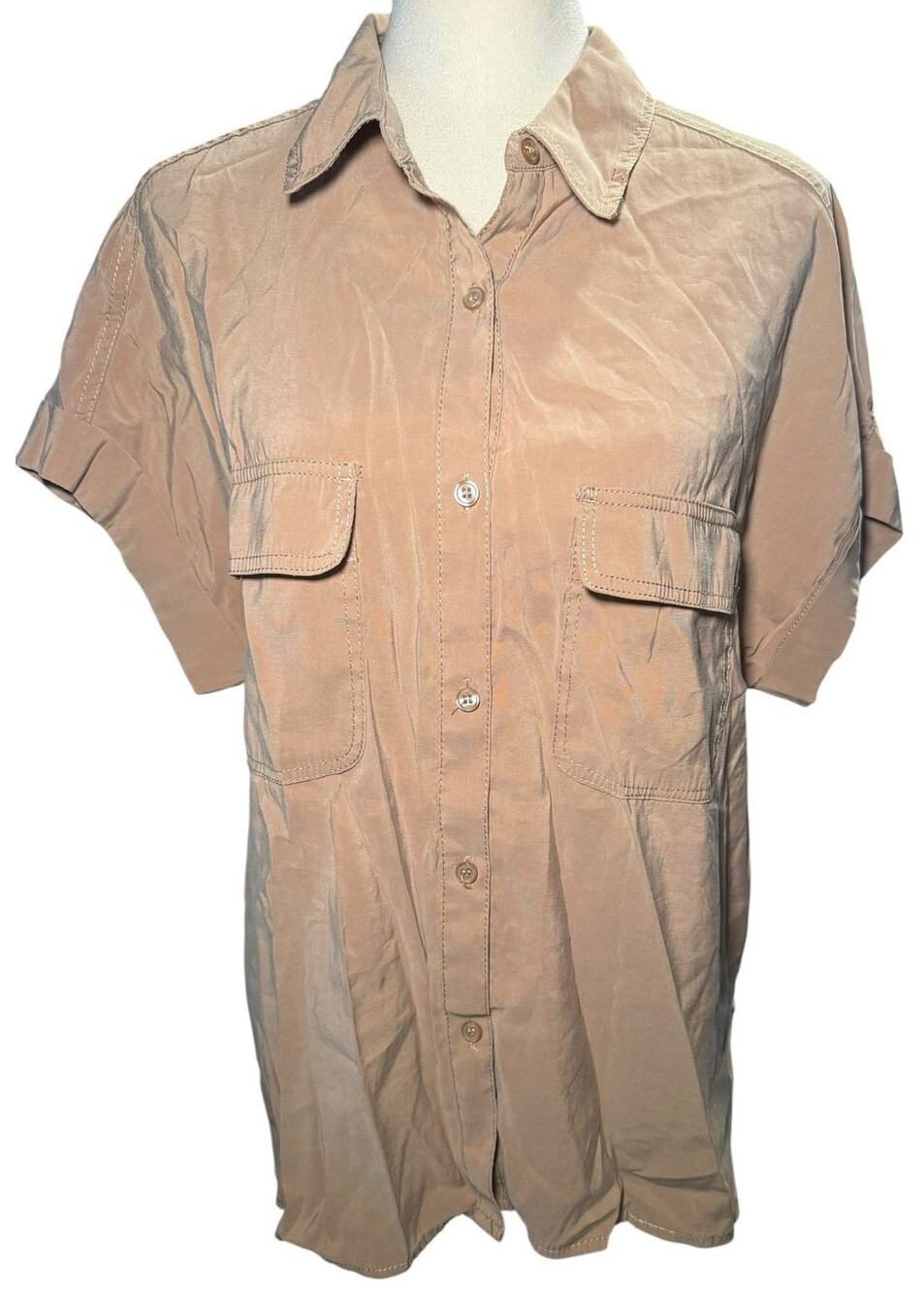 Max Studio Beige Utility Button Front Blouse, Short Sleeve Pocket Top, Large
